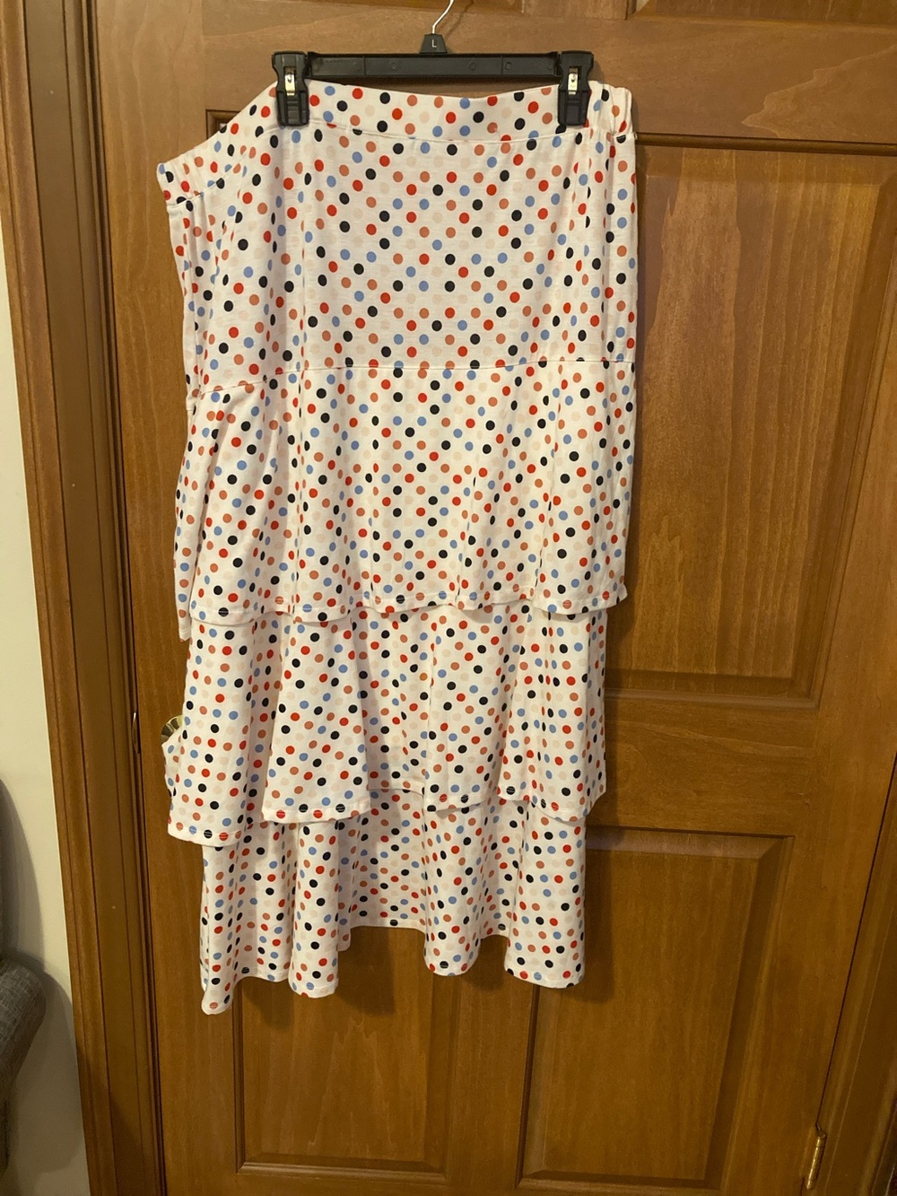White Polka Dot Tiered Midi Skirt with Red and Blue Dots